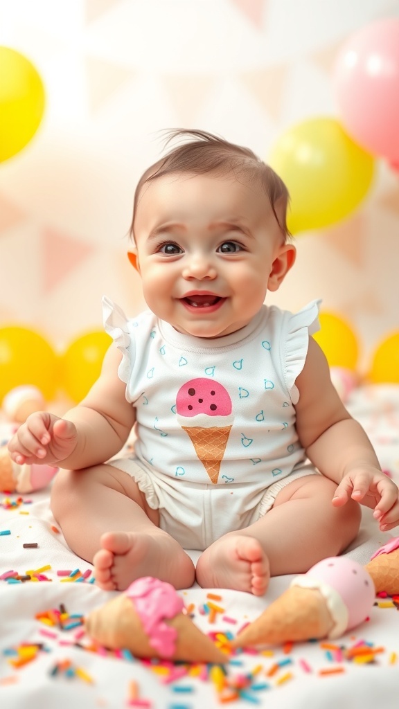 A happy baby at a 6-month photoshoot with ice cream themed props and pastel colors.